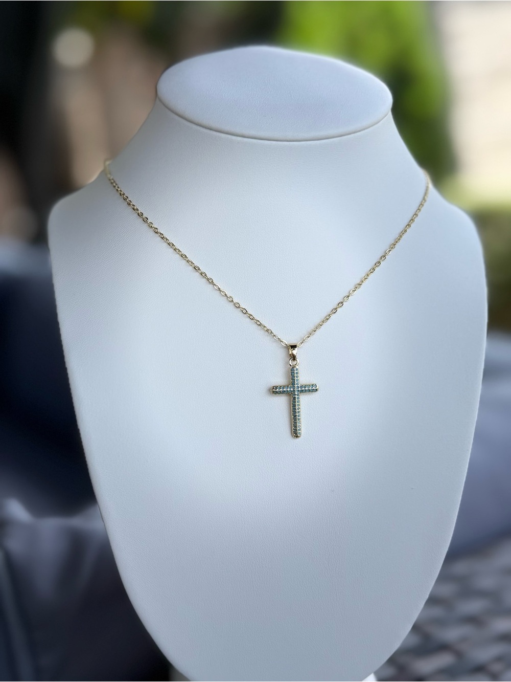 Gold Cross Necklace with Pale Blue Stones - Women Jewelry